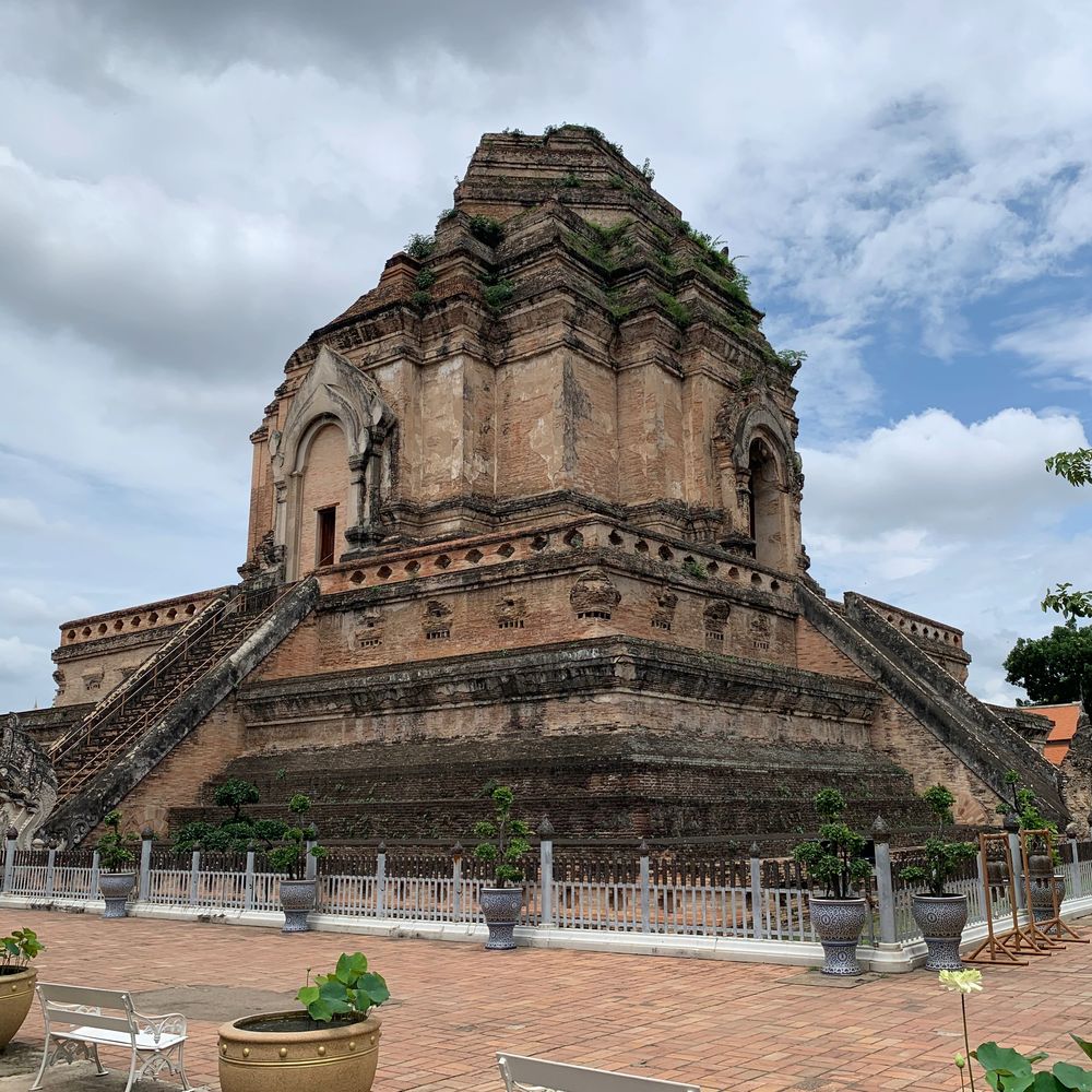 Weathered brick stupa of Wat Chedi Luang in Chiang Mai