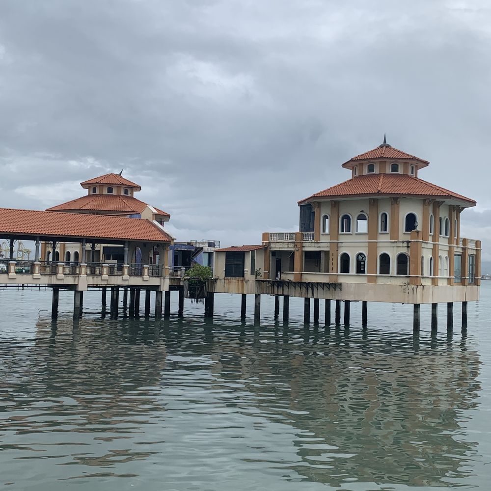 Historic stilted buildings on Church Street Pier at Weld Quay in George Town, Penang