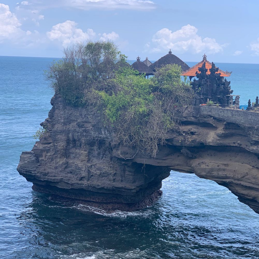 The sea temple of Tanah Lot perched on a rocky outcrop above the ocean