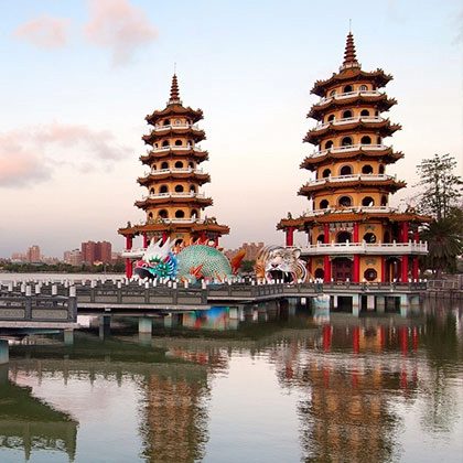 The Dragon and Tiger Pagodas reflected in Lotus Pond, Kaohsiung