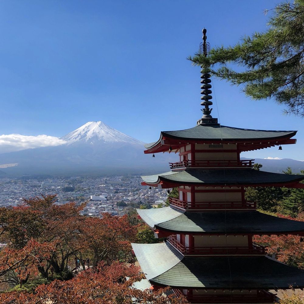 Chureito Pagoda with Mount Fuji rising in the distance