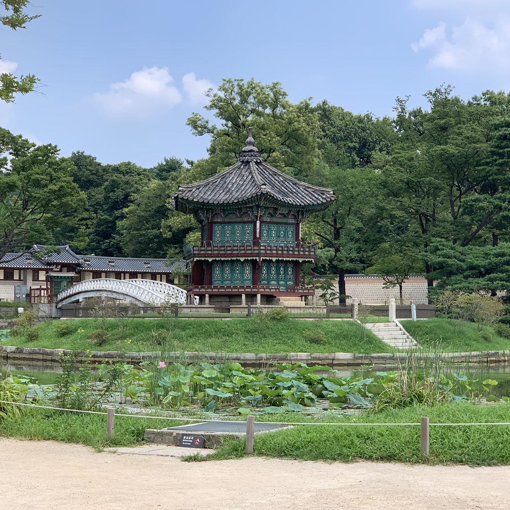 Hexagonal pavilion overlooking a lotus pond in a palace garden, Seoul