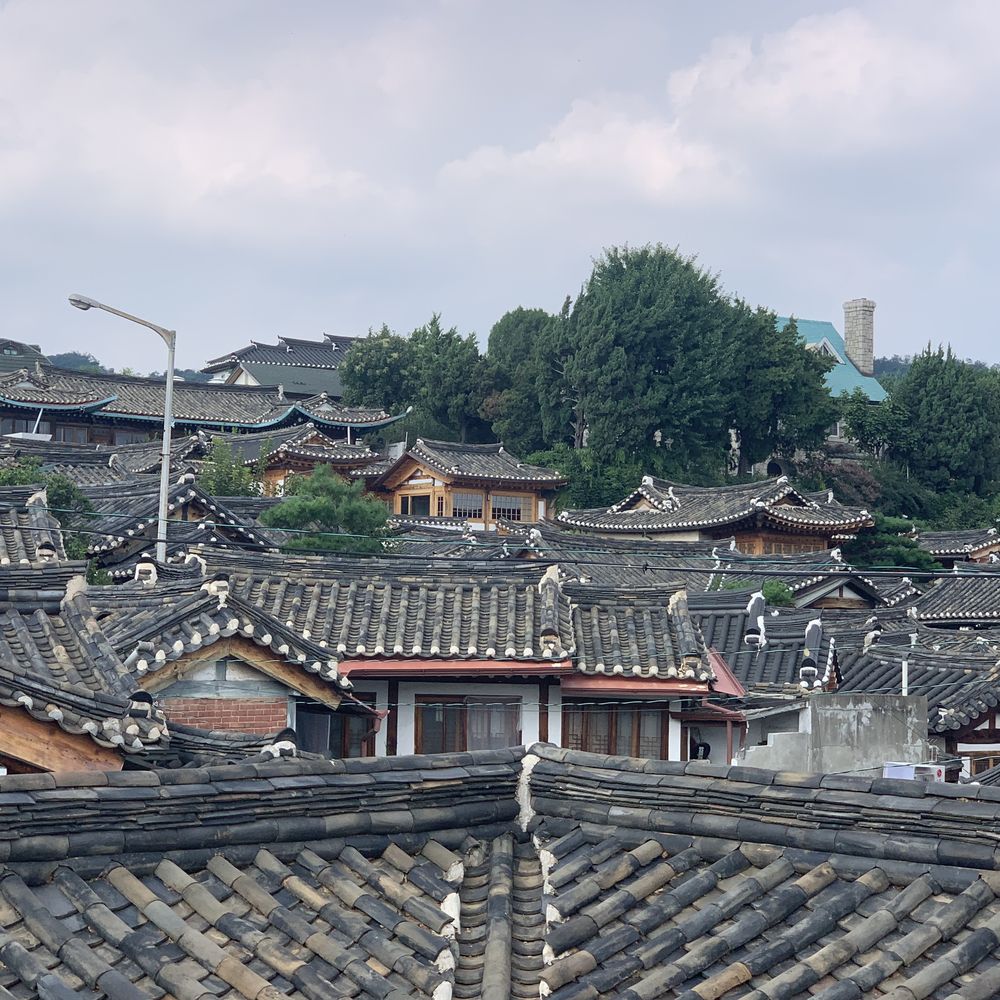 Tiled rooftops of traditional hanok houses in Bukchon Hanok Village