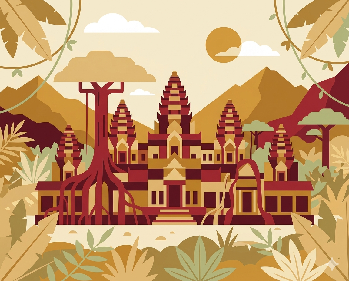 Cambodia ancient Angkor temple ruins surrounded by jungle