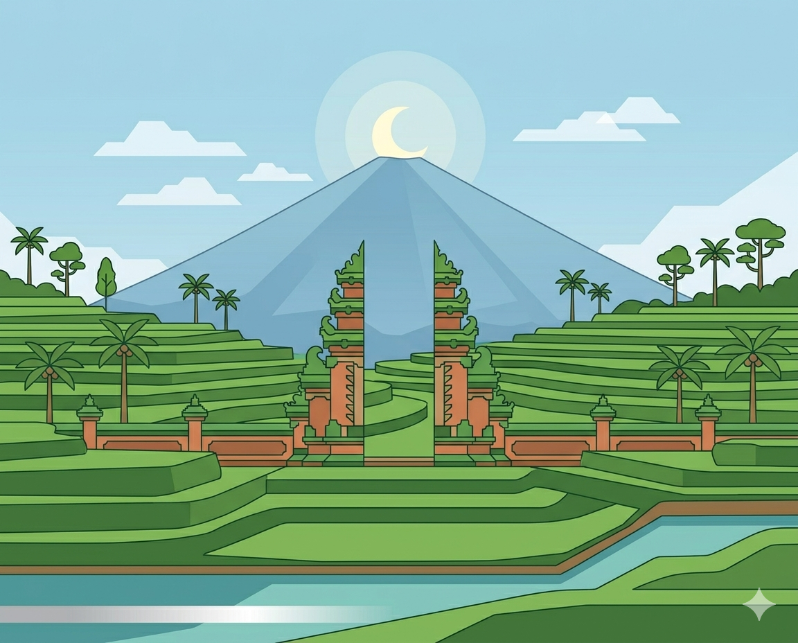 Indonesia Bali rice terraces with volcano and temple