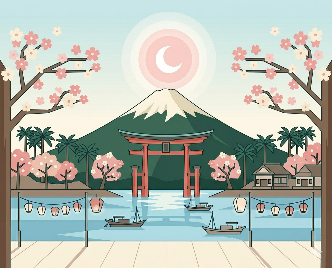 Japan Mount Fuji with cherry blossom trees and torii gate
