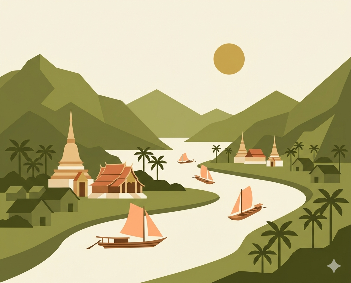 Laos Mekong river landscape with mountains and traditional boats