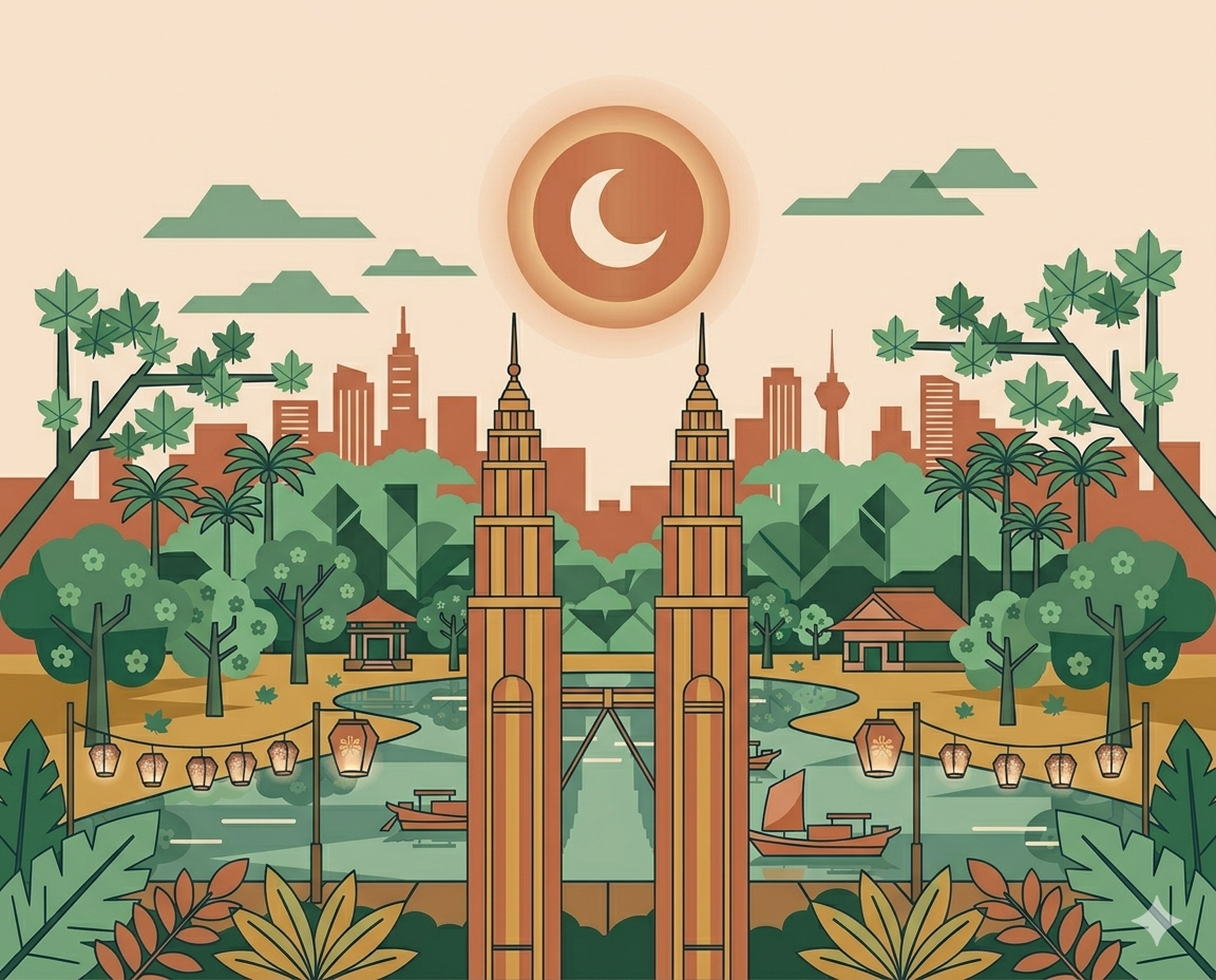 Malaysia rainforest with Kuala Lumpur twin towers silhouette