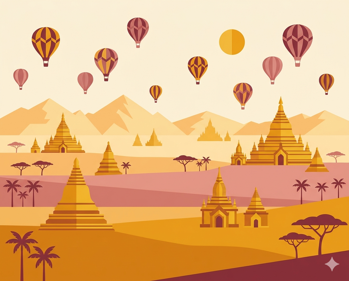 Myanmar golden pagodas and hot air balloons over Bagan plains