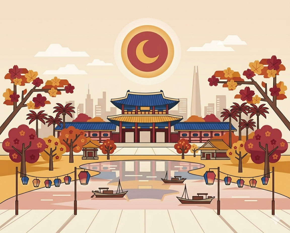South Korea traditional palace with autumn maple trees