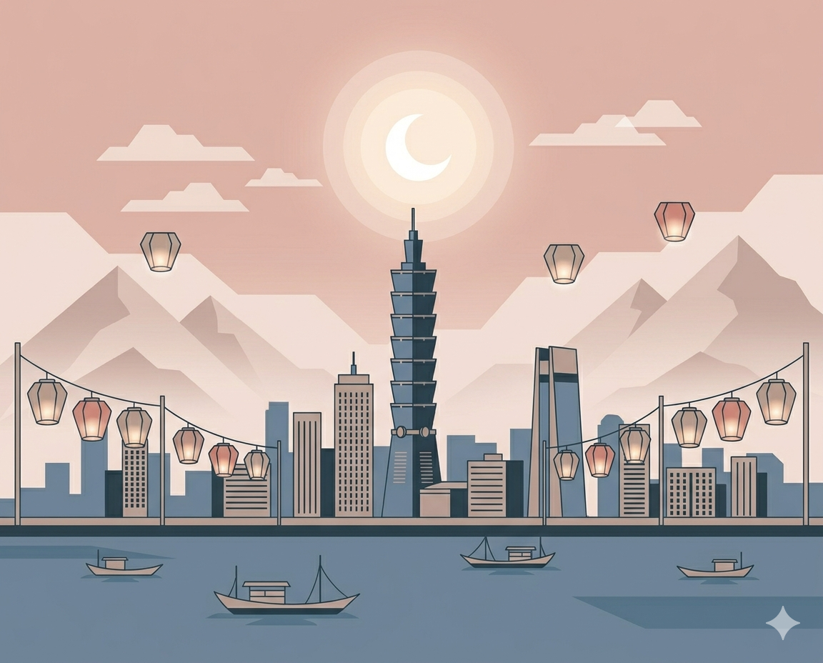 Taiwan city skyline with misty mountains in background