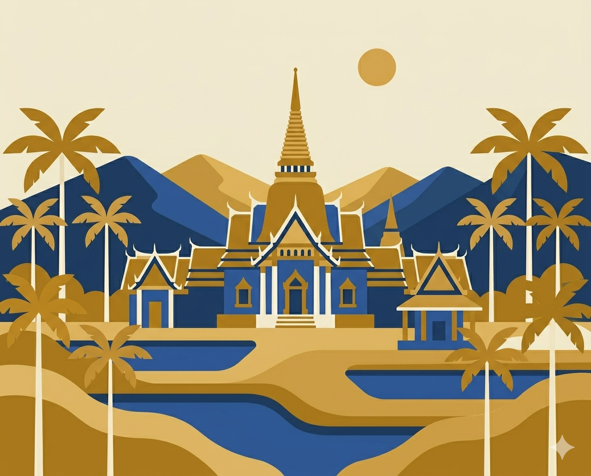 Thailand ornate temples and tropical palm trees