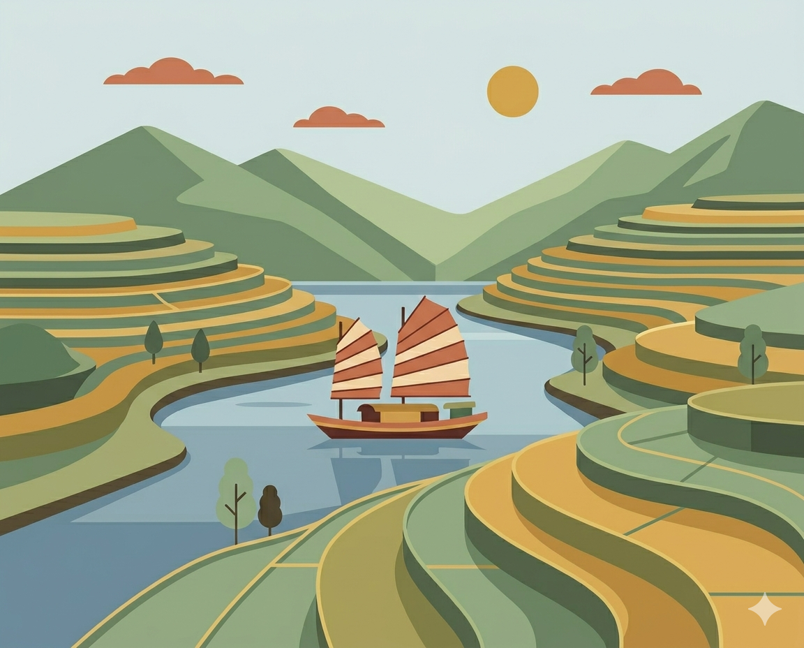 Vietnam rice terraces and traditional sailing boat on river